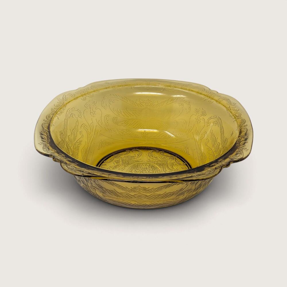 Vintage Yellow Glass Bowl Madrid Pattern Scroll Serving Dish